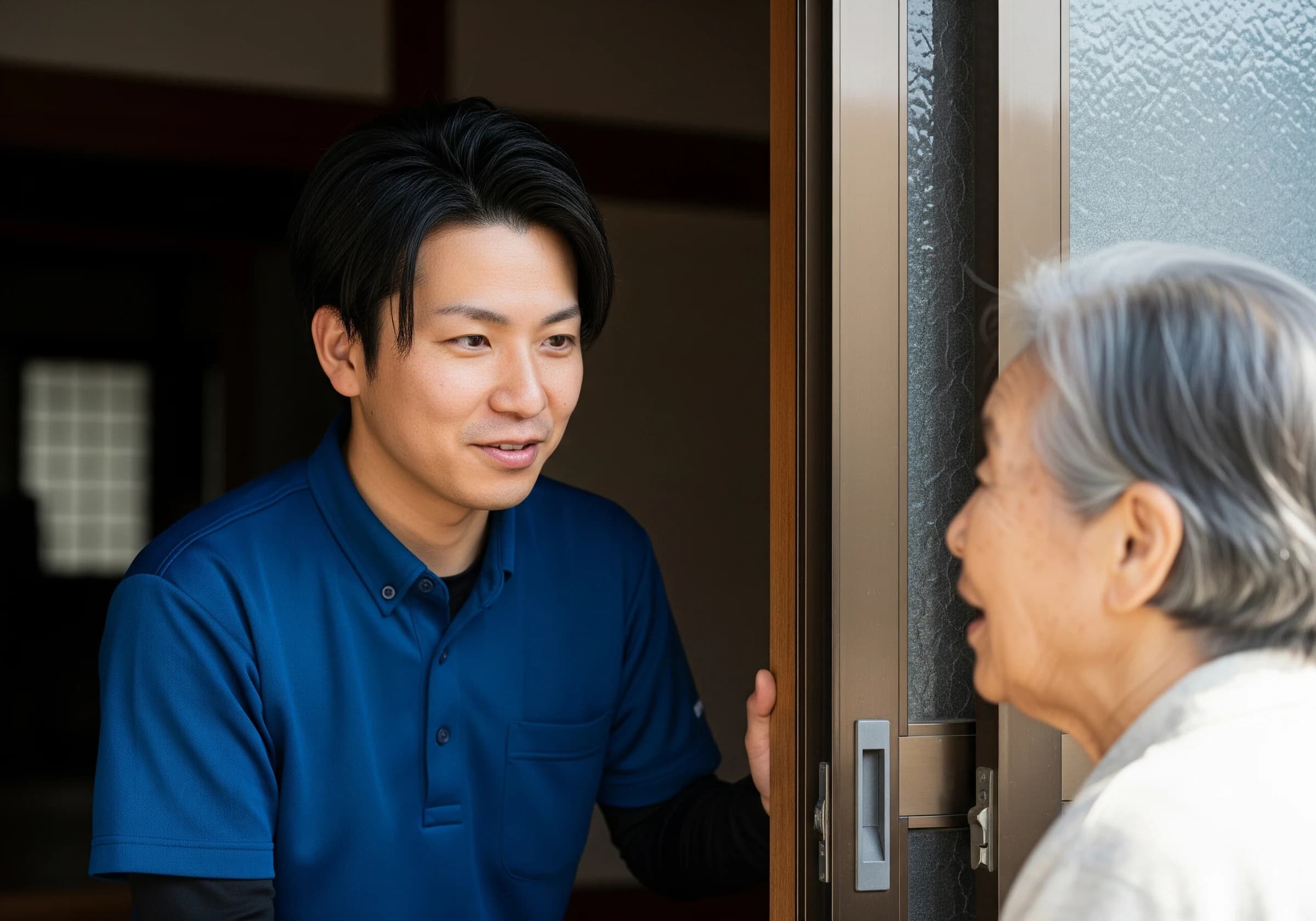 玄関先でお客様の話に耳を傾けるスタッフ